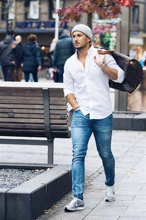 blue jeans and white shirt outfit|white shirt blue jeans men.